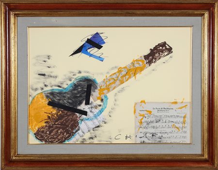 CHIARI GIUSEPPE (1926 - 2007) Chitarra. Tecnica mista e collage su cartone....