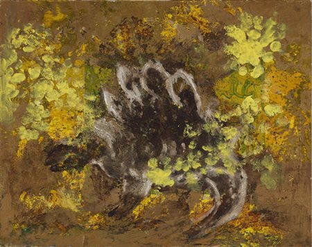 GRIBAUDO EZIO (n. 1929) Dinosauro con mimosa. 1986. Tecnica mista su...