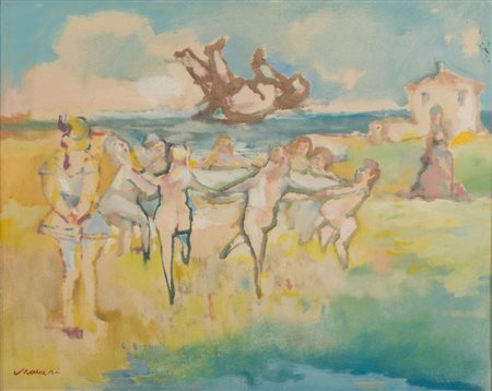 MINO MACCARI (Siena 1898 - Roma 1989) Girotondo di figure femminili Olio su...