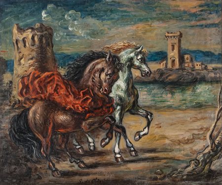 GIORGIO DE CHIRICO (Volos 1888 - Roma 1978) Due cavalli in un paese, fine...
