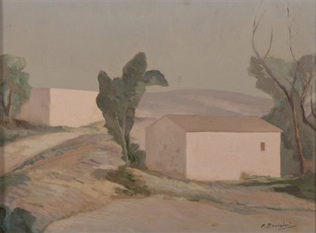 FRANCESCO TROMBADORI (Siracusa 1886 - Roma 1961) Paesaggio con case, anni '50...
