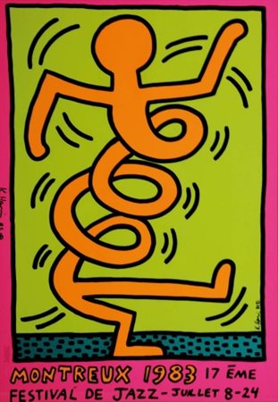 KEITH HARING 1958 - 1990 " Montreux 1983 ", 1983 Poster firmato, cm. 100 x 70...