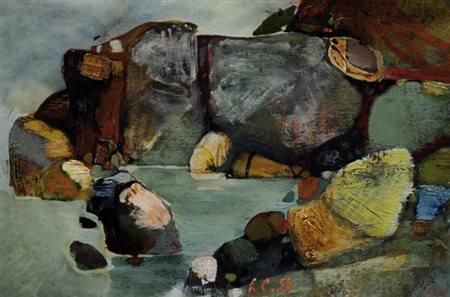 LEONARDO CREMONINI 1925 - 2010 " Bassa marea ", 1959 Olio su cartone, cm....