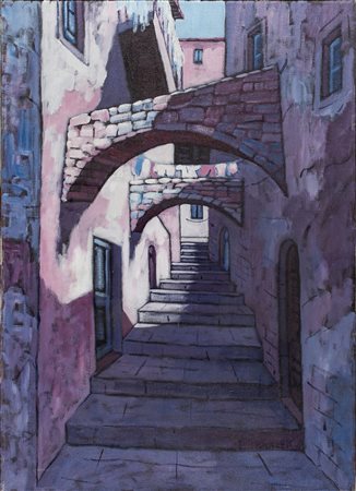 PIERO MAZZI (1938)Vicolo Olio su telaCm 70x50Firma al fronteFirma e titolo al...