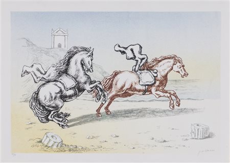 GIORGIO DE CHIRICO (1888-1978)Cavalli in riva all'Egeo, 1972 LitografiaCm...