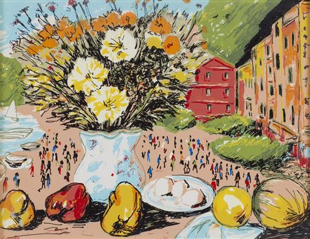 MICHELE CASCELLA (1892-1989)Omaggio a Portofino Serigrafia e colori ad olio...