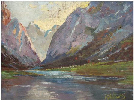 VITO AIAZZI Tramonto sul lago di Dobbiaco 1937 Olio su tavola 17,5 x 23,2....