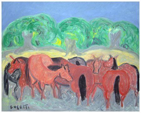 GIUSEPPE CESETTI Tuscania 1902 – Tuscania 1990 Cavalli al pascolo Olio su...