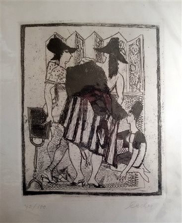 Locher "Anprobe" - Acquaforte - Es. 72/100 - cm 24,5x19,8 - Firma in basso a...