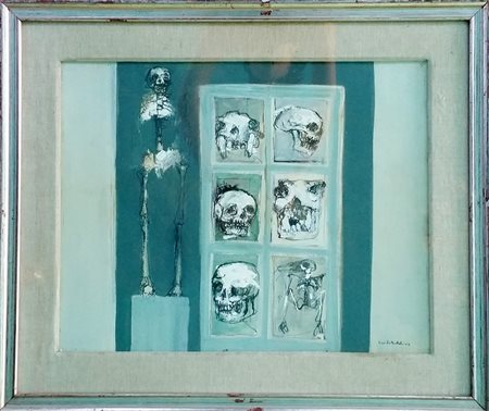 Gioxe De Micheli "Scheletri in vetrina" 1963 - Olio su tela - cm 41,5x53 -...