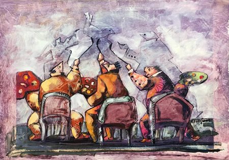 Rocco Forgione "Artisti" - Olio su carta - cm 35x50 - Firma in basso a dx -...