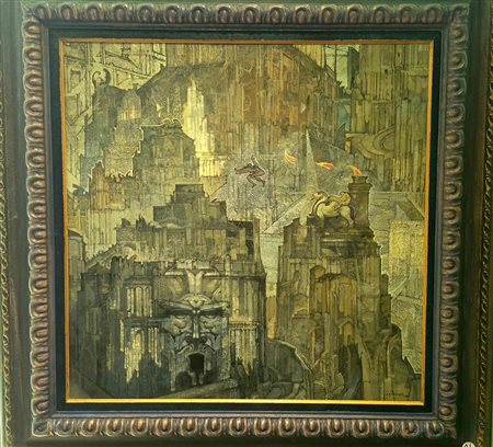 Raffaele De Rosa "Città di eroi" Olio su tela cm 55x55 - Autentica...