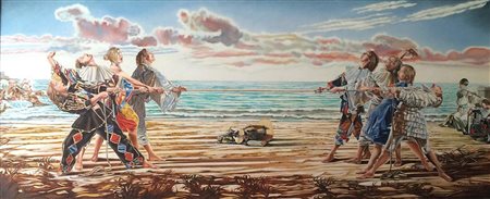 Sergio Nardoni, Tiro alla fune, Olio su tela cm 60x140.Autentica dell'artista...