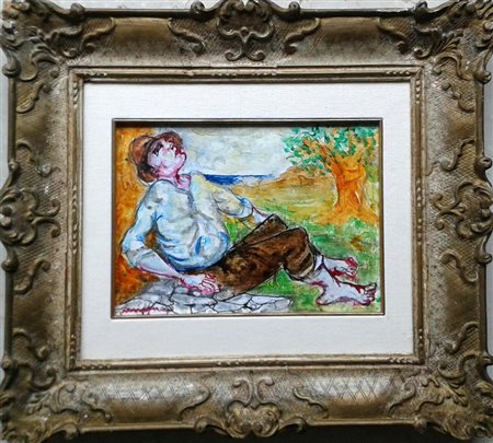 Giuseppe Migneco "Riposo" China acquerellata su carta intelata cm 20x30...