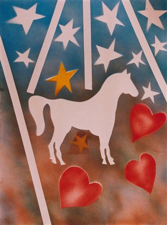 Mario Schifano "Cavallino stelle e tre cuori" - Acrilici su tela cm 80 x 60 -...