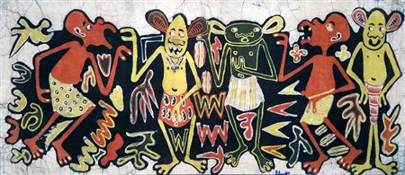 George Lilanga "Villaggio africano" - Batik - cm 43x99 - Firma in basso a dx...
