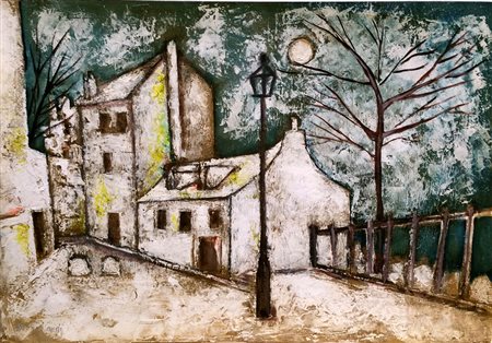 Bruno Landi "Montmartre (Parigi)" olio e smalti su cartoncino spesso cm 41x60...