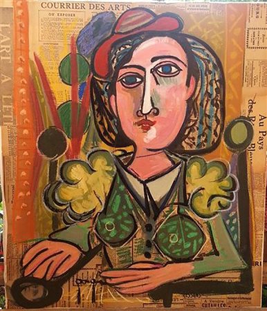 Gangemi "Courrier des arts" - Olio, t.m. e collage su tela - cm 70x60 - Firma...