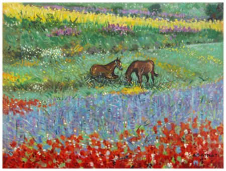 ARMANDO SAINATI Livorno 1942 – Livorno 2000 Puledri in campo di fiori Olio su...