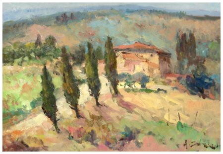 ANTONIO SBRANA Livorno 1934 Paesaggio di Cortona Olio su faesite 50 x 70....