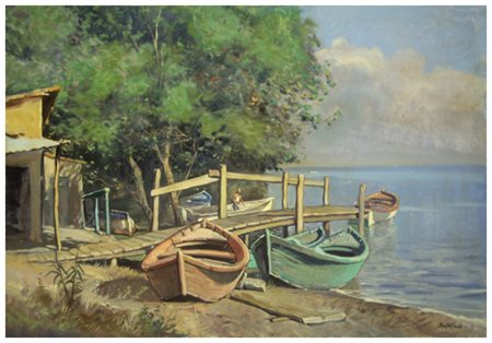 GIACOMO VACCARO Sassetta 1935 Barche a bocca d’Arno – lungo l’Arno Olio su...