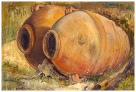 PIERLUIGI VENTURI Vecchi orci 1975 Olio su tavola 39 x 57,5. Data e firma in...