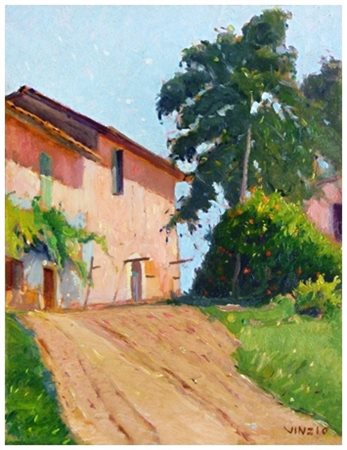 GIULIO CESARE VINZIO Livorno 1881 – Milano 1940 Casetta rosa 1918 Olio su...