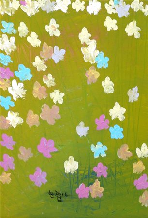 Hangeom 1982, Daegu - [Corea] Flowers no. 2 acrilico su tavola 60,5x40,5 cm...