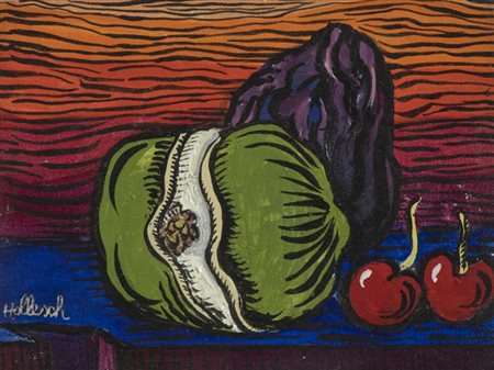 Carlo Hollesch Due fichi e due ciliegie 1970 Olio su tela, cm. 18,5x24,5...