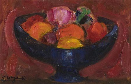 Trento Longaretti Fruttiera nero blù e frutti 2013 Olio su tela, cm. 20x30...