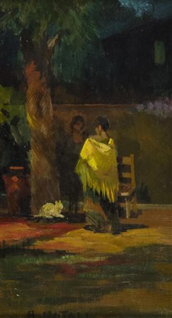 Renato Natali Nel cortile 1910 c.a. Olio su tavola, cm. 28x16 Firmato in baso...