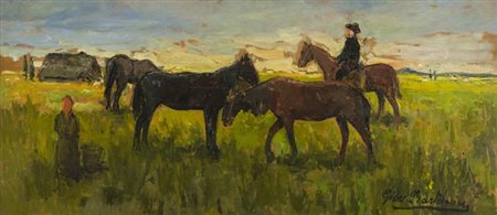 Giovanni Bartolena Cavalli al pascolo Olio su tavola, cm. 40x85 Firmato in...