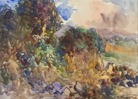 Plinio Nomellini Paesaggio Elbano Acquerello su carta riportata su tela, cm....