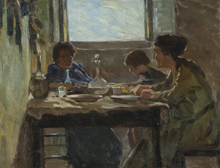 Cafiero Filippelli Scena familiare 1919 Olio su cartone, cm. 34,5x44,5 Firma...