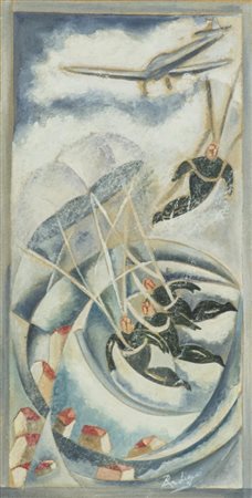 Pietro Ardigò Lancio di paracadusti futuristi Olio magro su carta, cm....
