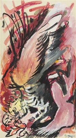 Edouard Pignon Combat de coqs 1967 Acquerello su cartoncino applicato su...