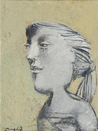 Lino Dinetto Testina in grigio 1990 Olio su tela, cm. 40x30 Firmato in basso...