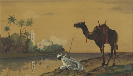 Fabio Fabbi Paesaggio orientale con beduino e cammello Tempera su cartoncino,...