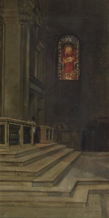Abbati Giuseppe (Attribuito) Interno di chiesa Olio su tela, cm. 48x25 Sul...