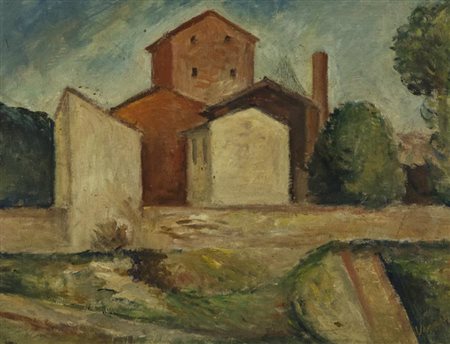 Gianni Vagnetti Gruppo di case anni '30 Olio su cartone, cm. 37x48 Firmato in...