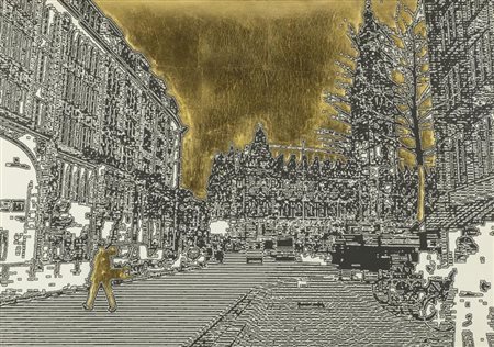Leonida De Filippi Paesaggio urbano Inchiostro e foglia oro su cartoncino cm....