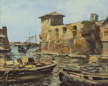 Masaniello Luschi Vecchia Livorno Olio su tela, cm. 40x50 Firma in basso a...