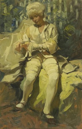 Erminio Loy Figura seduta Olio su tavola, cm. 45x29 Firmato in basso a destra.