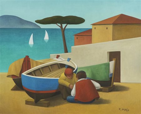 Roberto Masi Barche a riposo Olio su tela, cm. 50x60 Firmato in basso a...