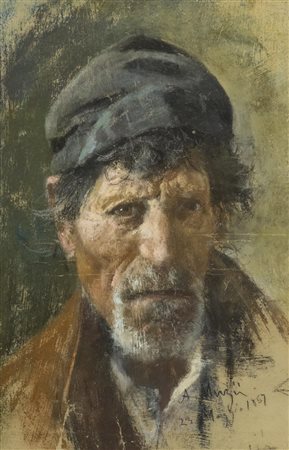 Alfonso Muzii Volto di pescatore 1887 Tecnica mista su carta applicata su...