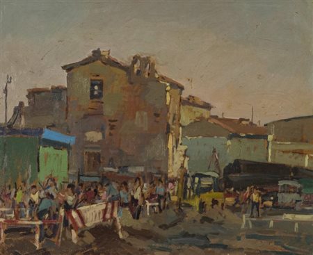 Masaniello Luschi Mercato 1969 Olio su tela, cm. 50x60 Firma in basso a...
