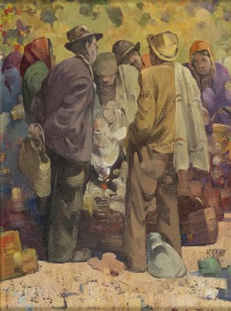 Giulio Da Vicchio Contadini al mercato Olio su tela, cm. 40x30 Firmato in...