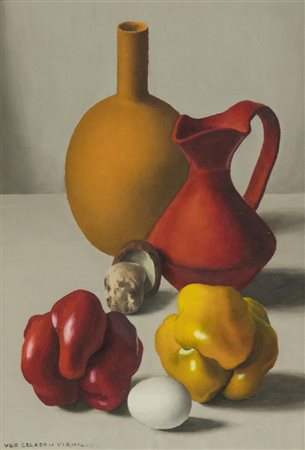 Ugo Celada Da Virgilio Natura morta Olio su faesite, cm. 46x31 Firmato in...