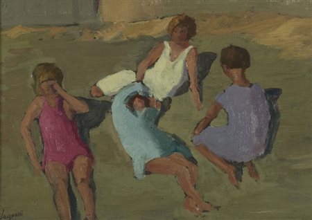 Gianni Vagnetti Bagnanti anni '30 Olio su cartone, cm. 29x41 Firmato in basso...