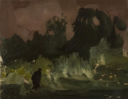 Pietro Annigoni Paesaggio con figura Olio su cartoncino, cm. 11x14 Firmato in...